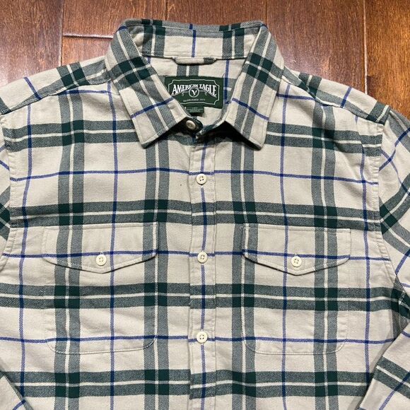 American Eagle Vintage Cream Green Plaid Flannel Button Front Shirt Men's Large - Picture 2 of 8